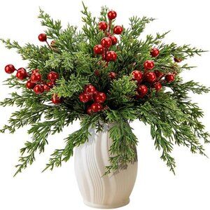 45 Pcs Christmas Artificial Pine Branches with Red Berry Stems- 10.5"
